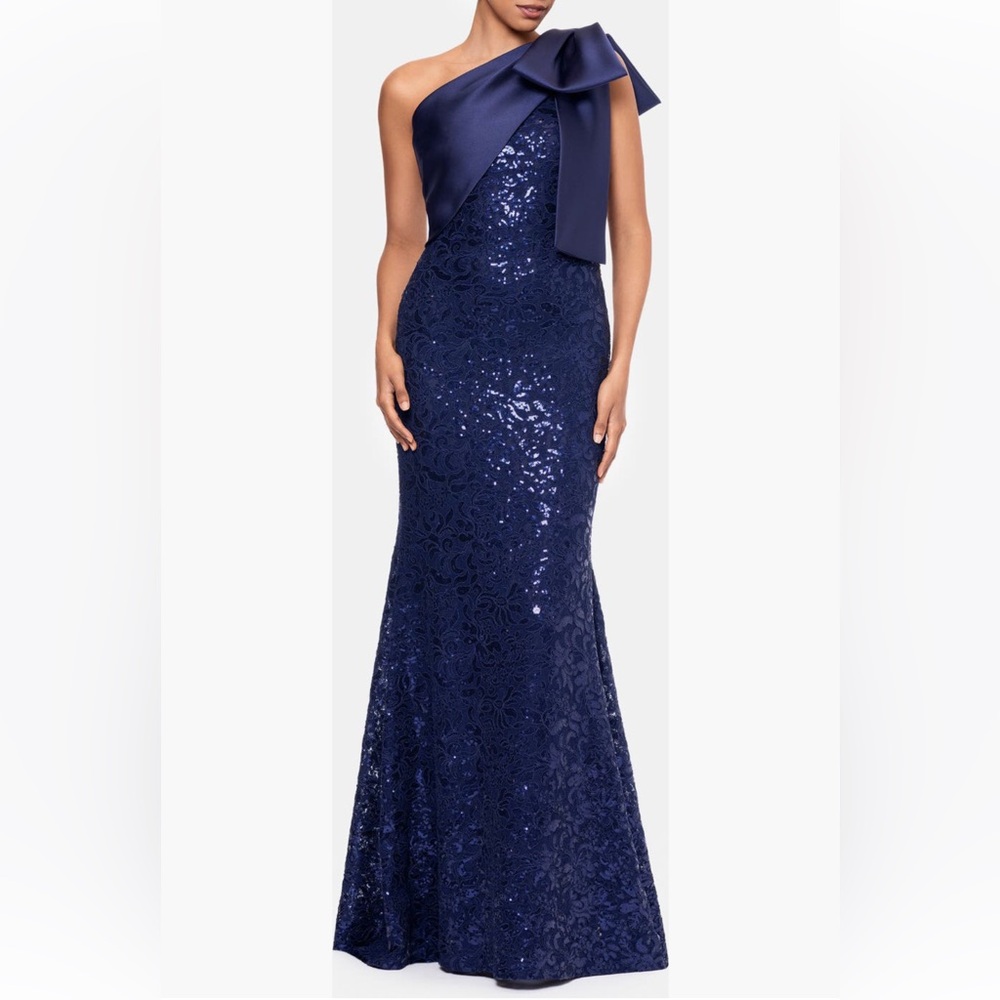 BETSY & ADAM Sequin One-Shoulder Gown with Satin Bow,sz 8, Navy, New